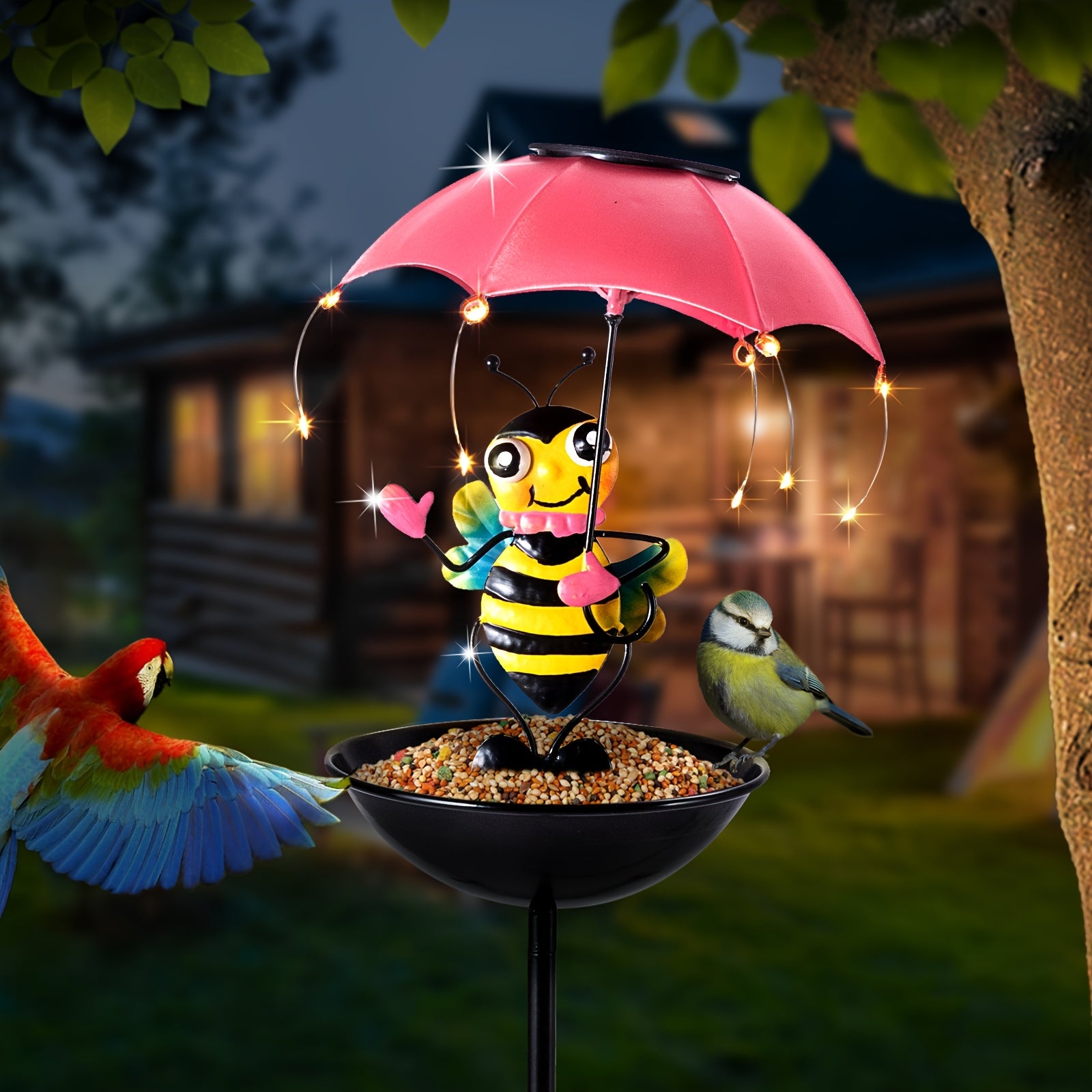 36.2 Inch Iron Bee Figurine for Home Decoration, Collectible Patio Ornaments, Solar LED String Lights, Includes Bird Feeder Feature, Perfect for Father'S Day, Thanksgiving, Christmas Gifts, Ideal for Lawn, Patio, And Garden