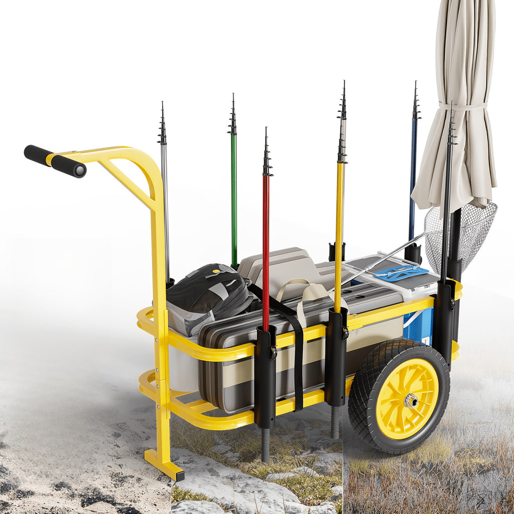 Outdoor Fishing Cart, Sturdy Steel Frame, with 12" PU Wheels, 7 Fishing Rod Tubes, Large Capacity, for Beach, Surfing, Kayak, Yellow, 1pc