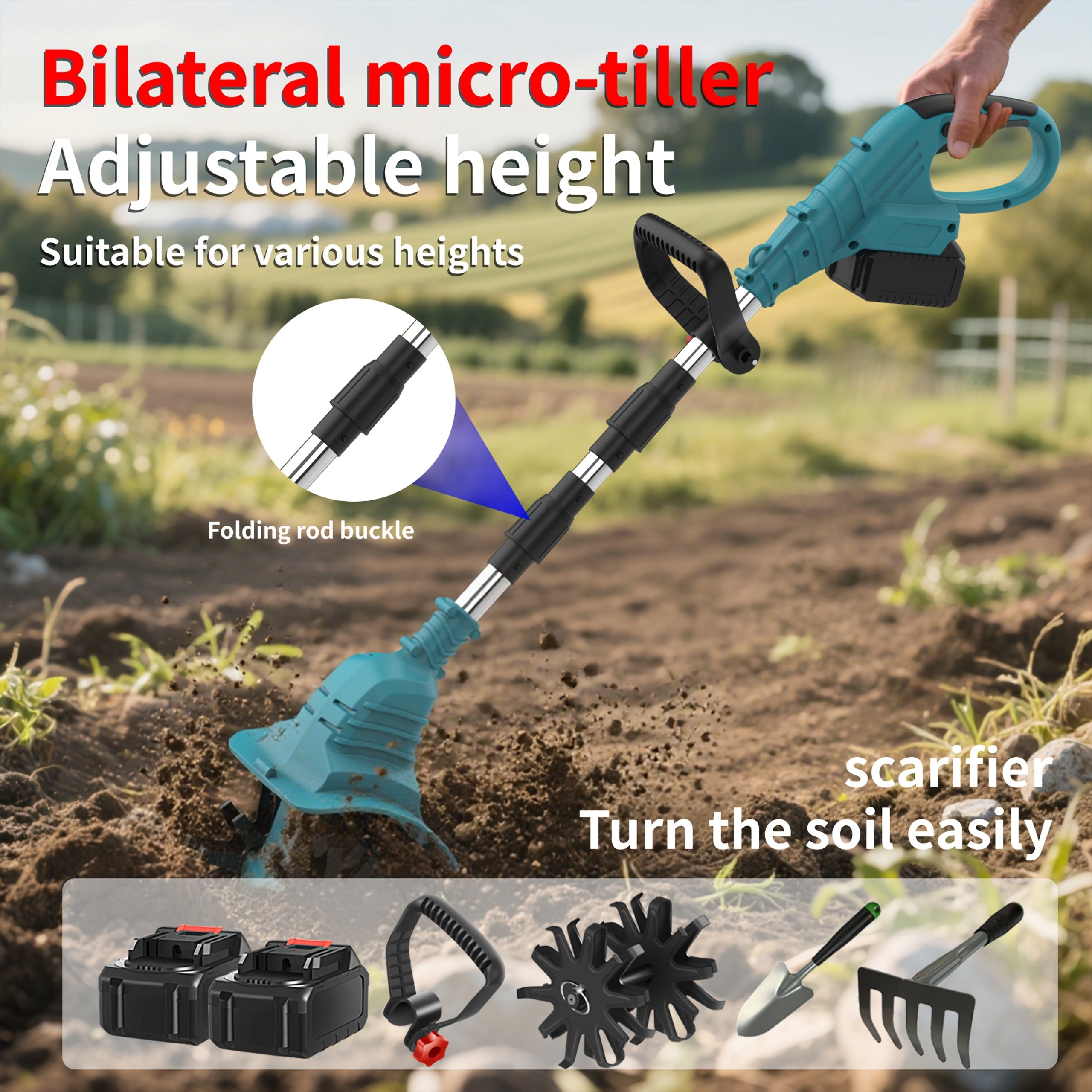 Cordless Electric Tiller And Garden Scarifier, Cordless Tiller 270 RPM Lightweight, Portable with 2 X 3.0Ah Batteries And Charger, Durable Metal Structure Landscape Maintenance, Compact Design, Long-Lasting Performance
