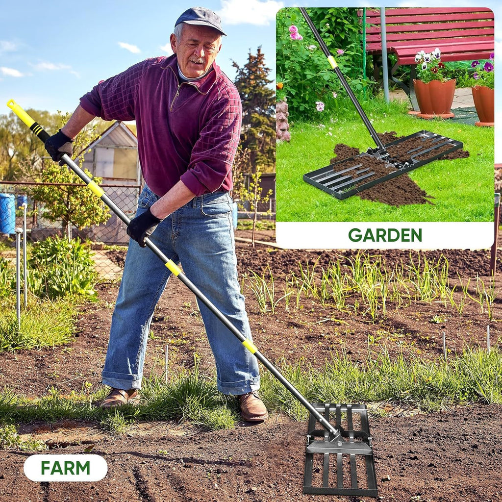 YEYEBEST Lawn Leveling Rake, 17X10 Heavy Duty Lawn Leveler Tool for Lawns with 5/6FT Ergonomic Handle, Yard Garden Golf Course