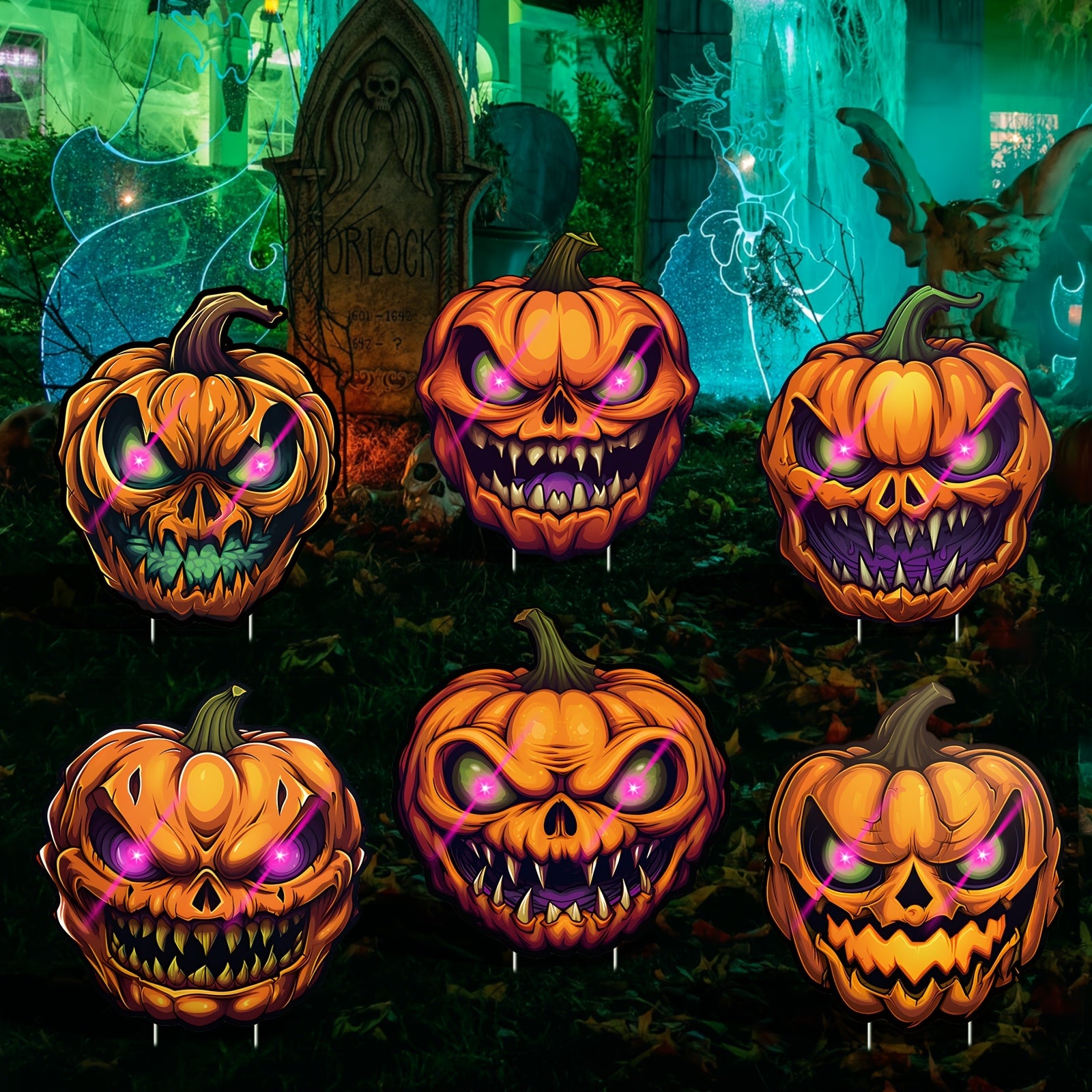 6-Pack Pumpkin Halloween Decorations Plastic Yard Signs with Stakes, Halloween Decorations for Outdoors, Scary Silhouette with Glow-In-Dark Eyes for Outdoor Yard Lawn Garden