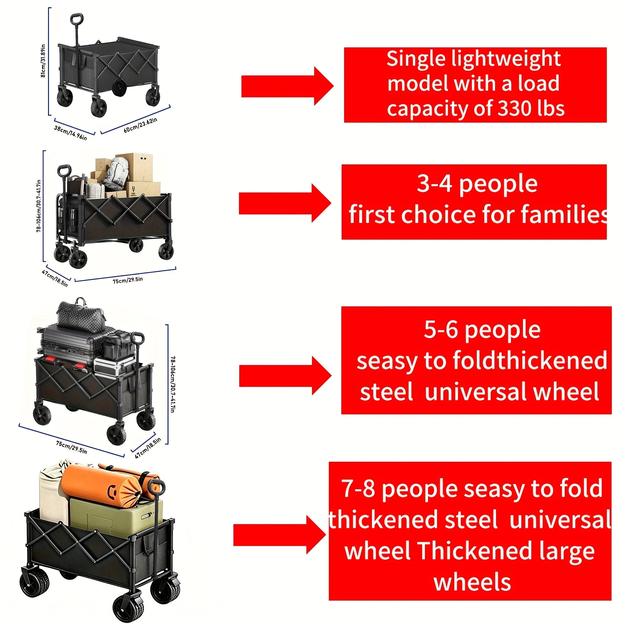 Heavy Duty Folding Garden Cart 350LBS 550LBS 650LBS Weight Capacity Multi Purpose Utility Wagon with Full Portable Tires and Transport Rack for Beach Garden Camping Shopping Sports