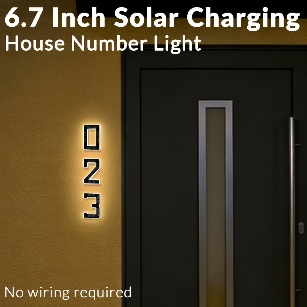 6.7 Inch Solar Powered LED House Number Sign, IP44 Address Number Light for Home, Light Up Door Numbers, 600mAh, Wall-Mounted, No Wiring Required, Modern Backlit Address Sign for Homes Decor