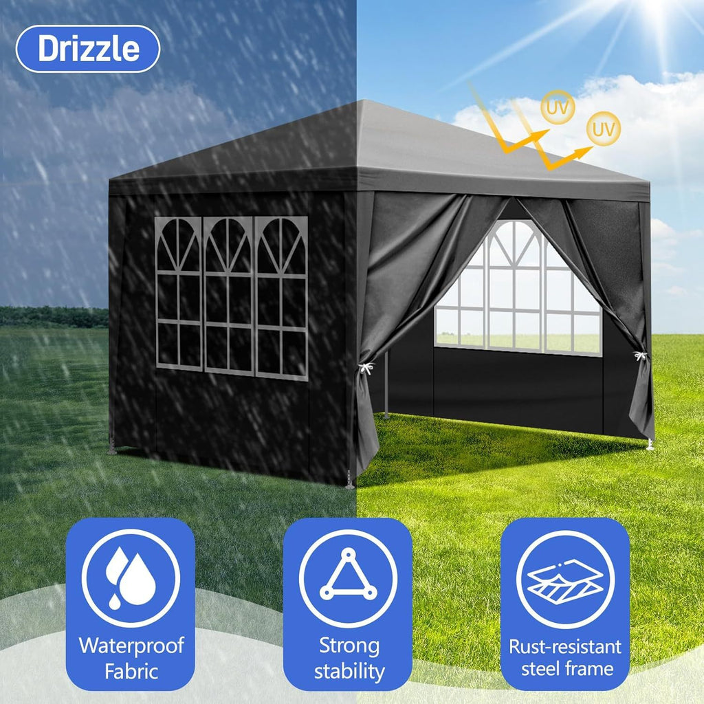 10X10Ft Outdoor Party Tent, Patio Canopy Tent Gazebo with Removable Sidewalls Instant Event Tent for Cater Events Wedding Birthday Pavilion Beach BBQ Black/ White/ Blue