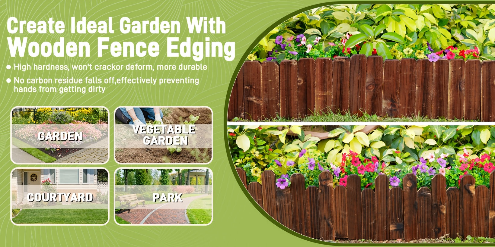 1pc 47.2-Inch Wooden Garden Edging, Decorative Small Picket Panels for Flower Bed Barriers And Landscape Fencing