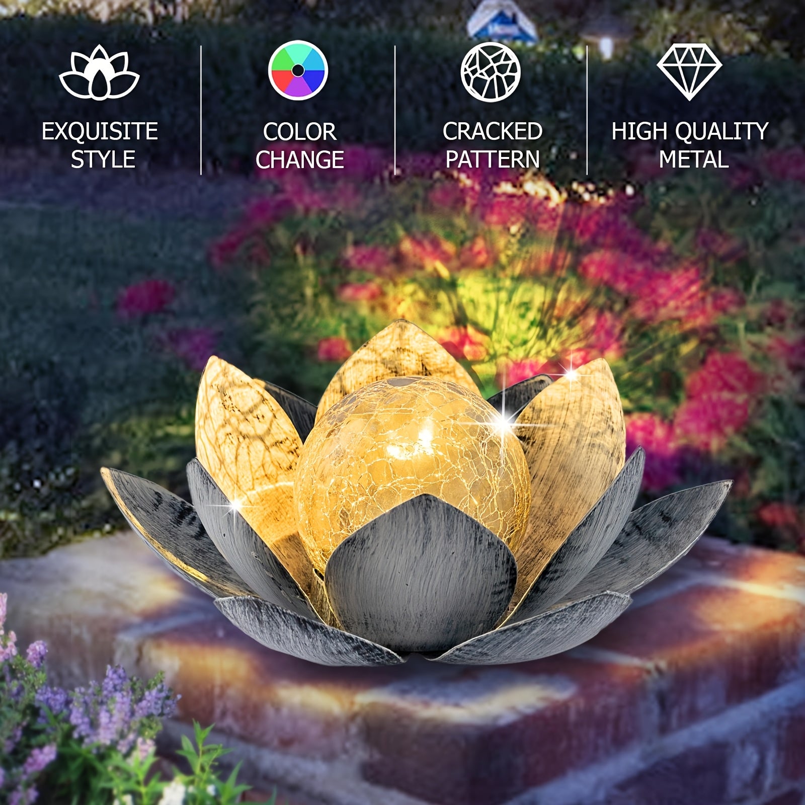 Outdoor Solar for Lotus Light, Black And White Solar Lights Garden Decoration, LED Beads with Cracked Glass Globes, Patio, Lawn, Steps Lights, Christmas Gift