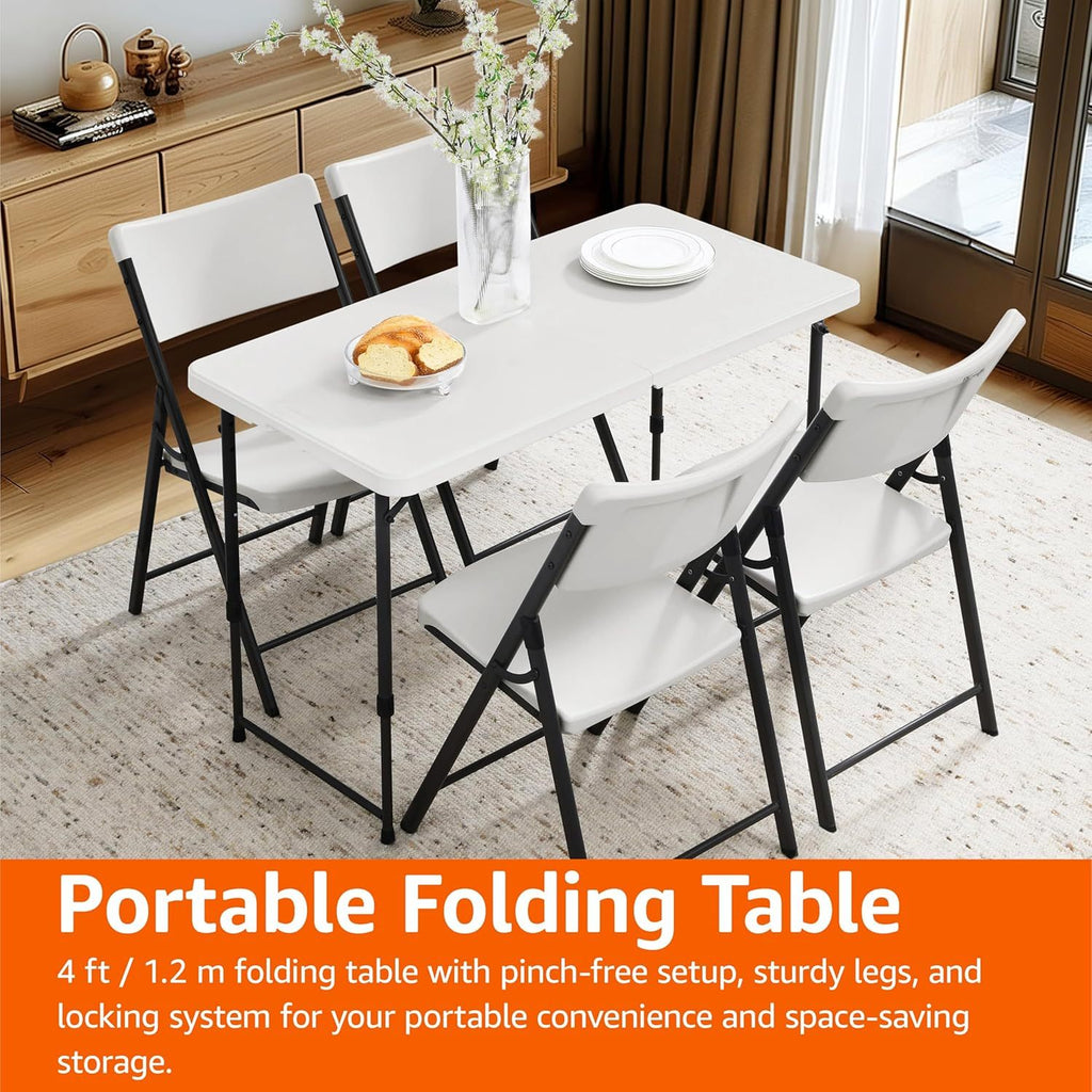 【 4FT/5FT/6FT 】 Folding table with handle and safety lock, easy to set up, with a weight carrying capacity of 330 pounds, suitable for camping, picnicking, parties, and indoor activities, white