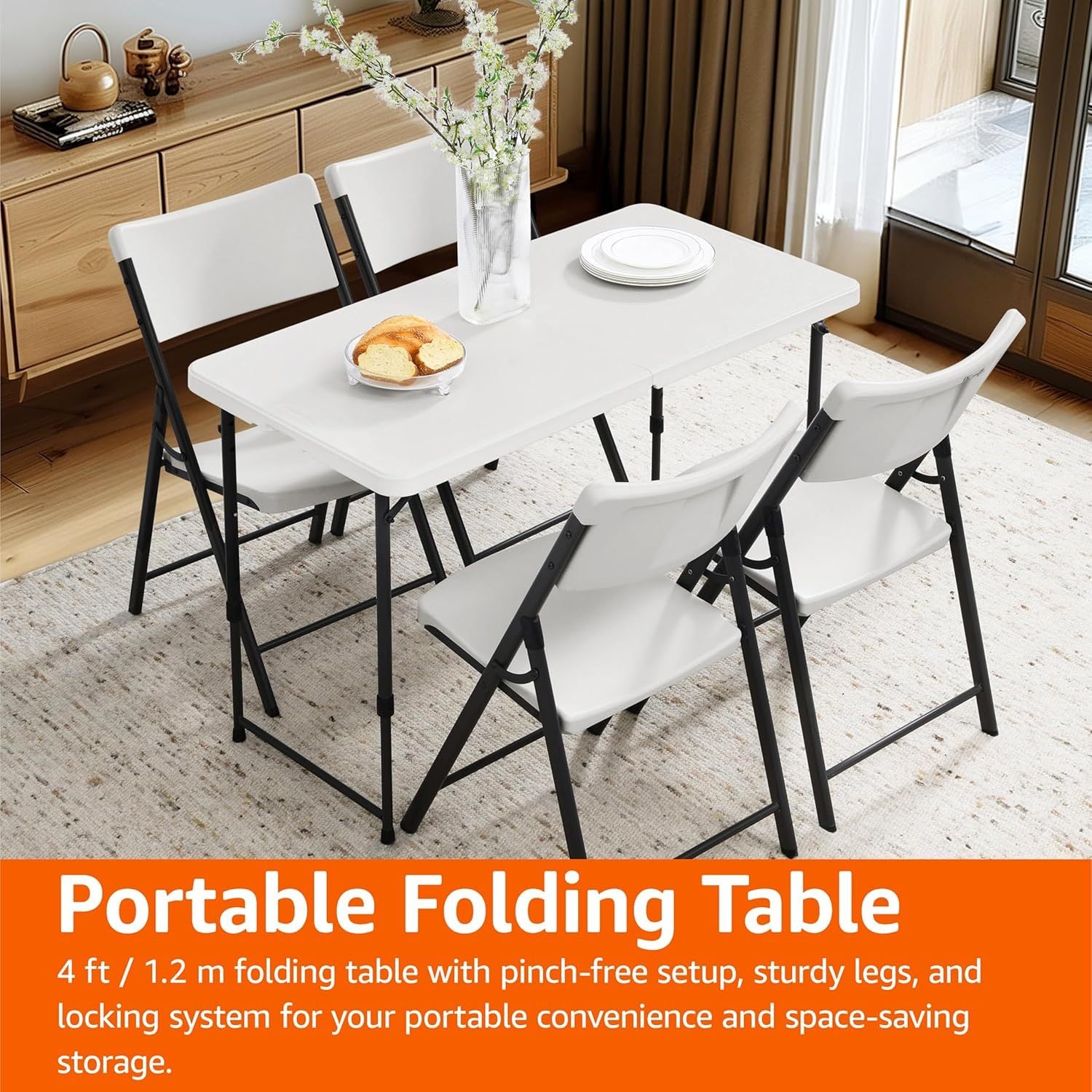 【 4FT/5FT/6FT 】 Folding table with handle and safety lock, easy to set up, with a weight carrying capacity of 330 pounds, suitable for camping, picnicking, parties, and indoor activities, white