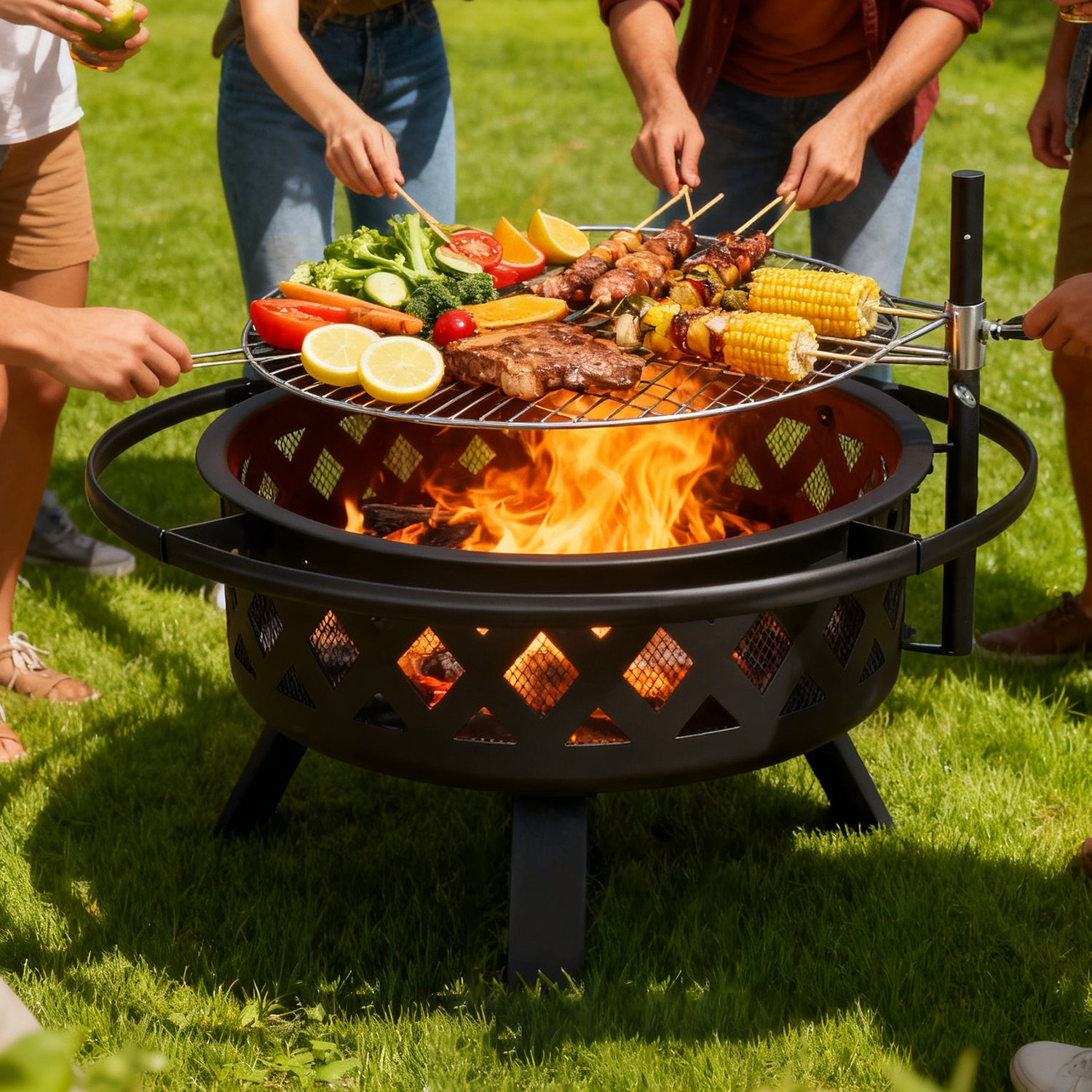 Outdoor Fire Pit With Grill, Steel Fire Bowl for BBQ Camping Picnic, Garden Patio Heater Charcoal Log Wood Burner
