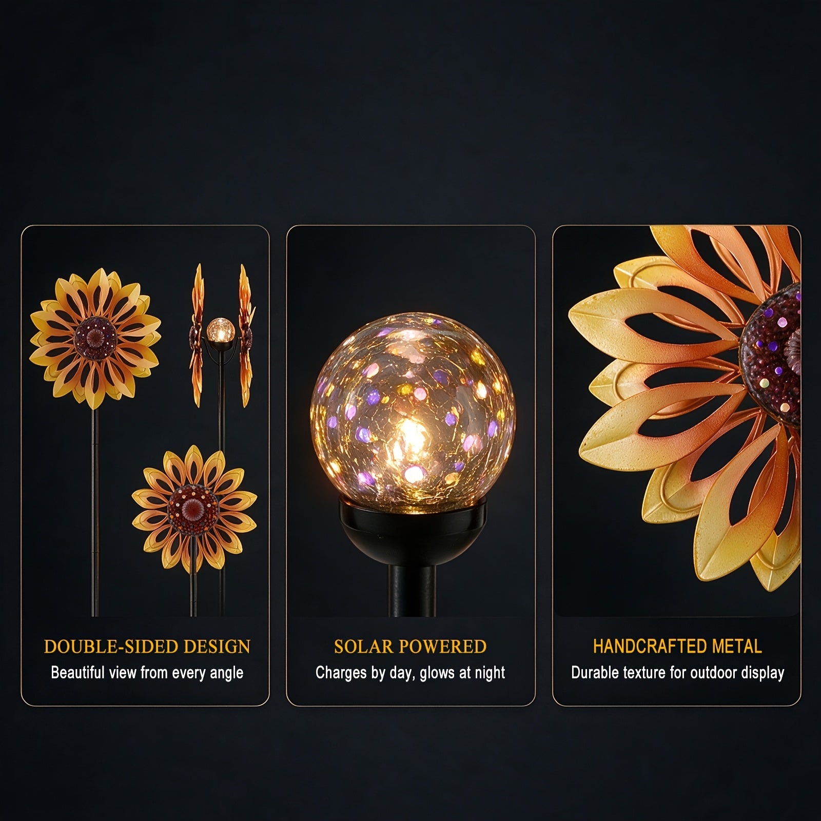 Outdoor Patio Landscape Decor, Solar Powered Metal Sunflower Wind Spinner with Night Glow Light, Collects Sun Energy During The Day And Shines After Dark, Weatherproof Kinetic Rotation Design for Garden Yard Lawn Decorative Ornament