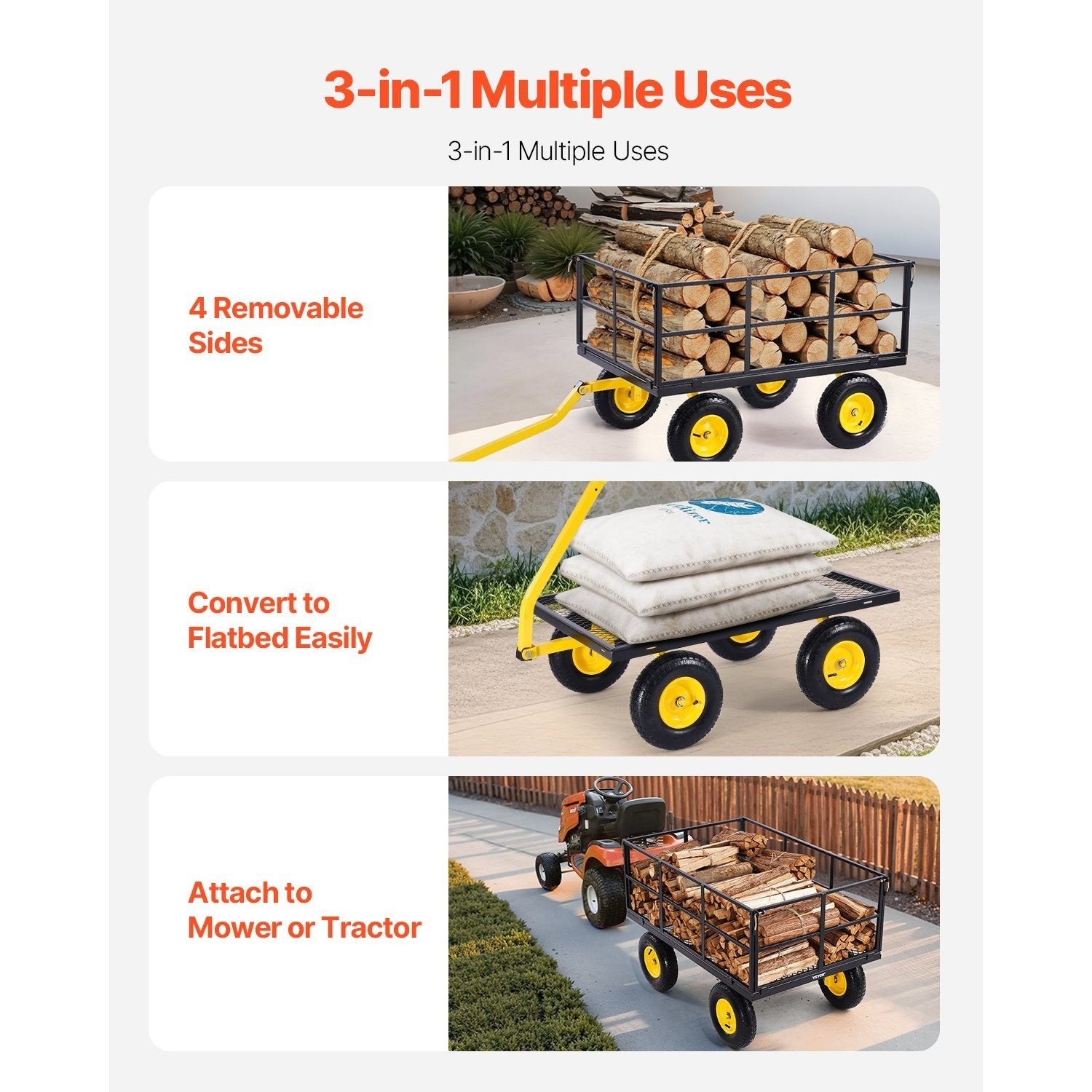 Vevor 500/1200/1400 Lbs Steel Garden Cart, Heavy Duty Pullable Cart with Wheels for Garden, Metal Yard Utility Wagon with 10" All Terrain Tires, Removable Mesh Sides and 180° Rotating Handle