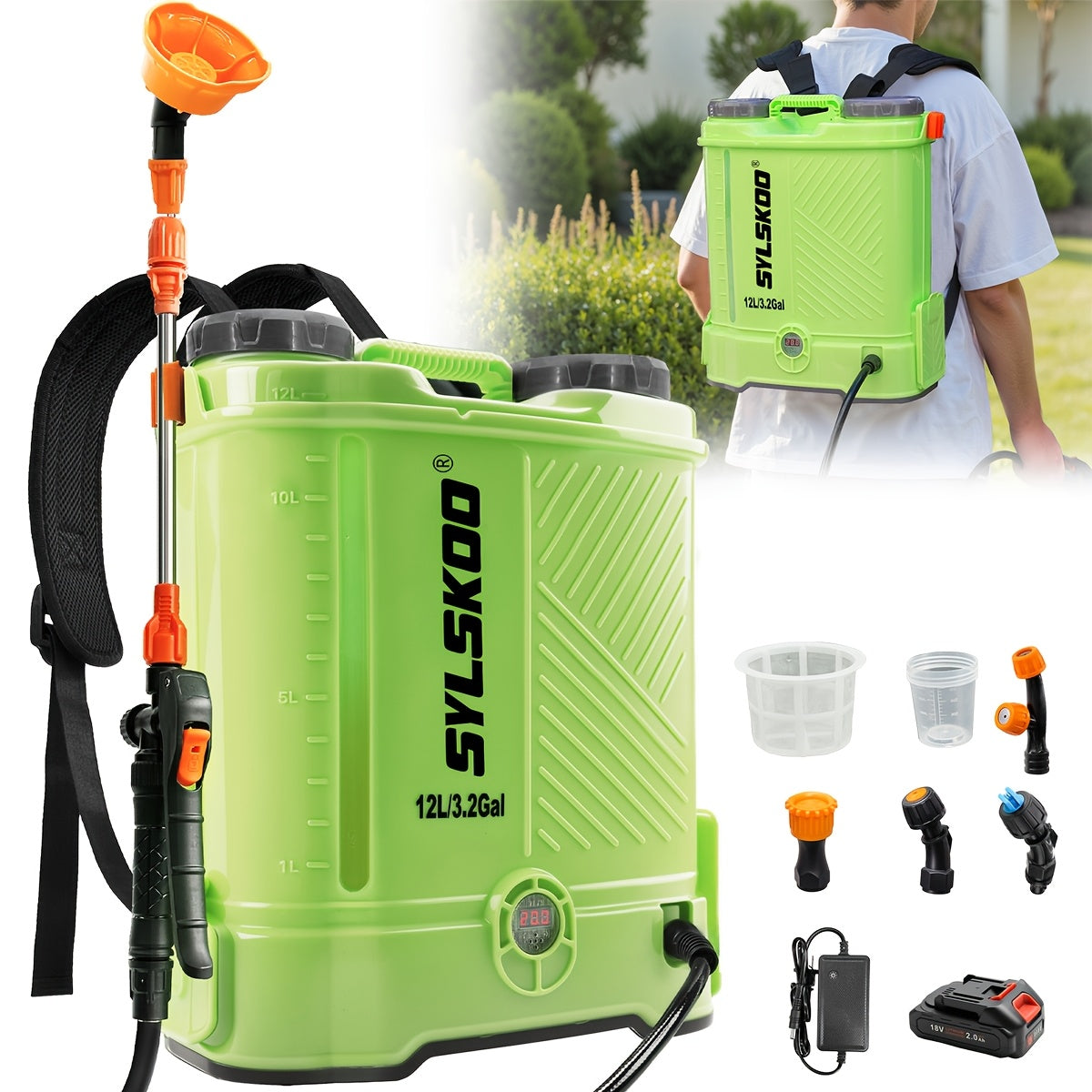 3.2 Gallon Backpack Sprayer Battery Powered, 0-80 PSI Adjustable Pressure Sprayer Compatible with 18V Battery, Electric Sprayer with Steel Telescopic Spray Wand, 5 Nozzles, 2.0Ah Battery&Charger Included