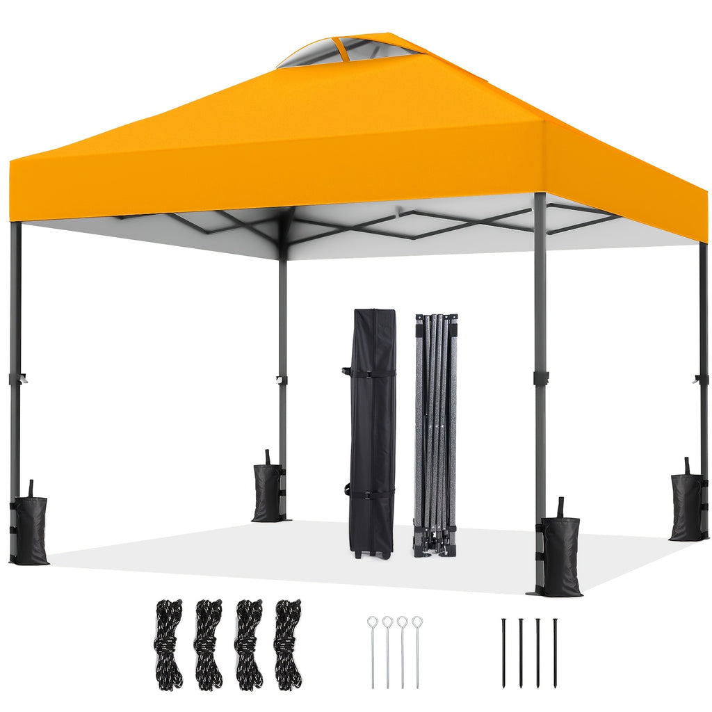 A 10X10Ft Gazebo That Is a Portable Outdoor Shelter Featuring One-Step Assembly, Adjustable Height, And Comes with a Storage Bag, Eight Ground Pegs, And Four Sandbags. It Has an Easy-To-Install Canopy, Making It Ideal for Beach Trips, Camping
