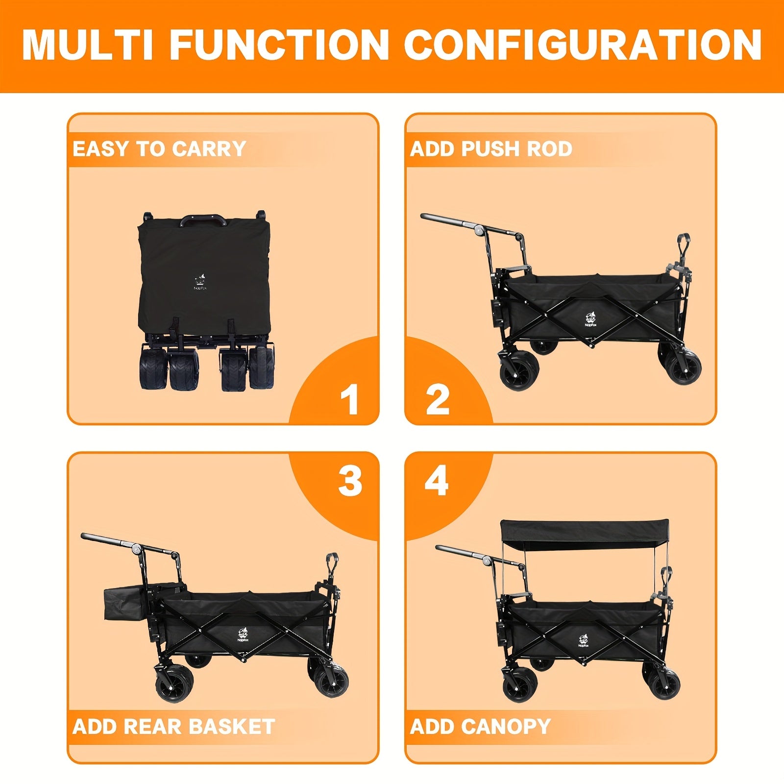 Collapsible Wagon Cart Heavy Duty Folding Cart Utility Wagon All Terrain Beach Wheels Large Capacity Beach Wagon Cart with Brake & Steel Frame Outdoor Garden Cart for Beach Shopping Camping