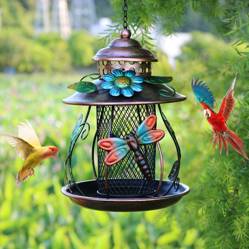 Budget-Friendly 1pc Elegant Metal Mesh Hanging Bird Feeder with Vibrant Dragonfly & Floral Accents, No Electricity Required, Ideal for Garden & Patio