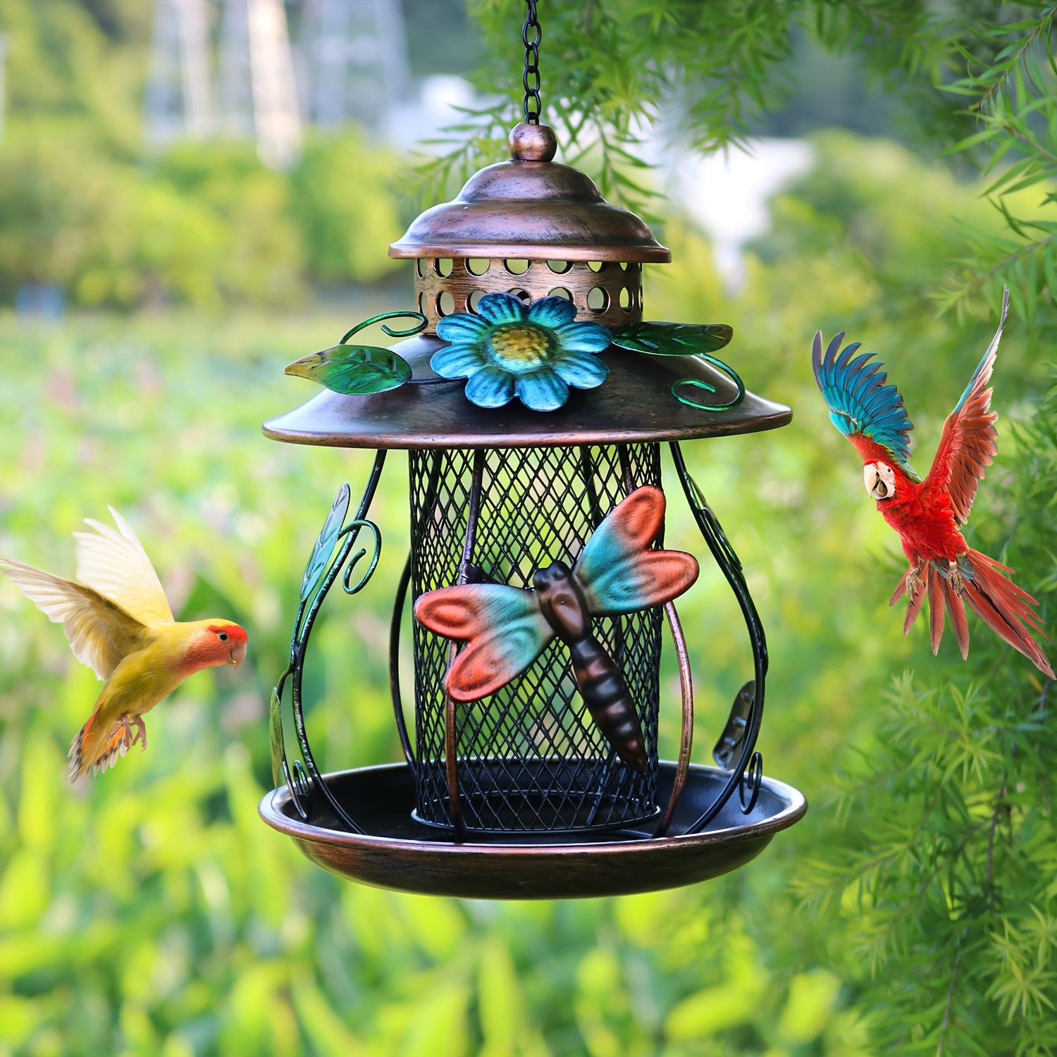 Budget-Friendly 1pc Elegant Metal Mesh Hanging Bird Feeder with Vibrant Dragonfly & Floral Accents, No Electricity Required, Ideal for Garden & Patio