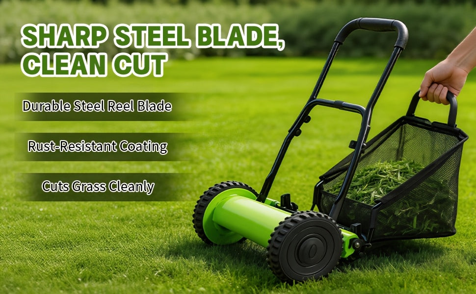 Durable Steel Construction, Precision-cut for Perfect Stripes, 12-inch 5-blade Manual Reel Push Mower, High-strength Steel Blades, Grass Catcher, Ergonomic U-shaped Handle, Dual-wheel Design. No Electricity Required, Suitable for Residential