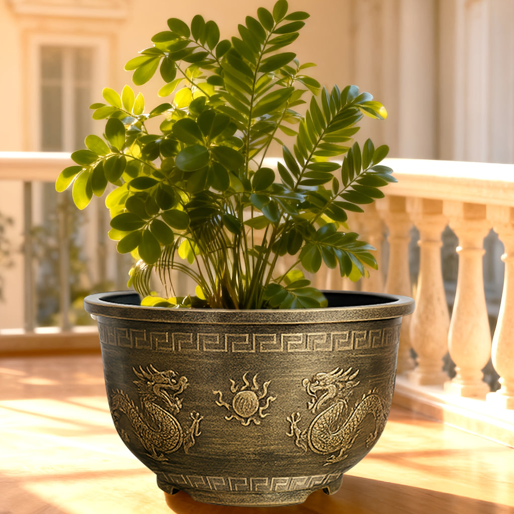 Buy 1 Get 1 Free, Total Of 2pcs Dragon-themed 17 Inch Resin Flower Pots - Christmas And Halloween Flower Pot - Intricate Design, Fish-Friendly, Self-Punching Holes, Ideal For Lotus & Small Trees Growth Seasonal Decoration Care