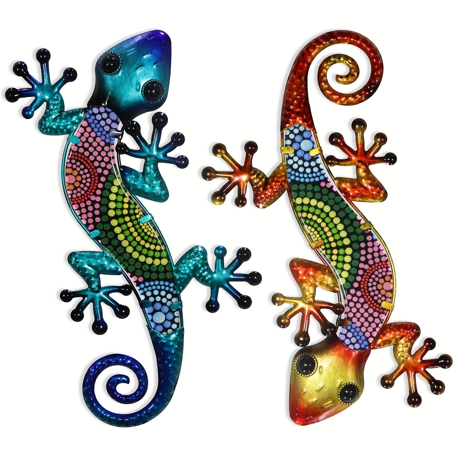 15 Inch Metal Gecko Wall Art - 2pcs Lizard Outdoor Decor Hanging Glass Sculpture Decoration for Garden Fence Home