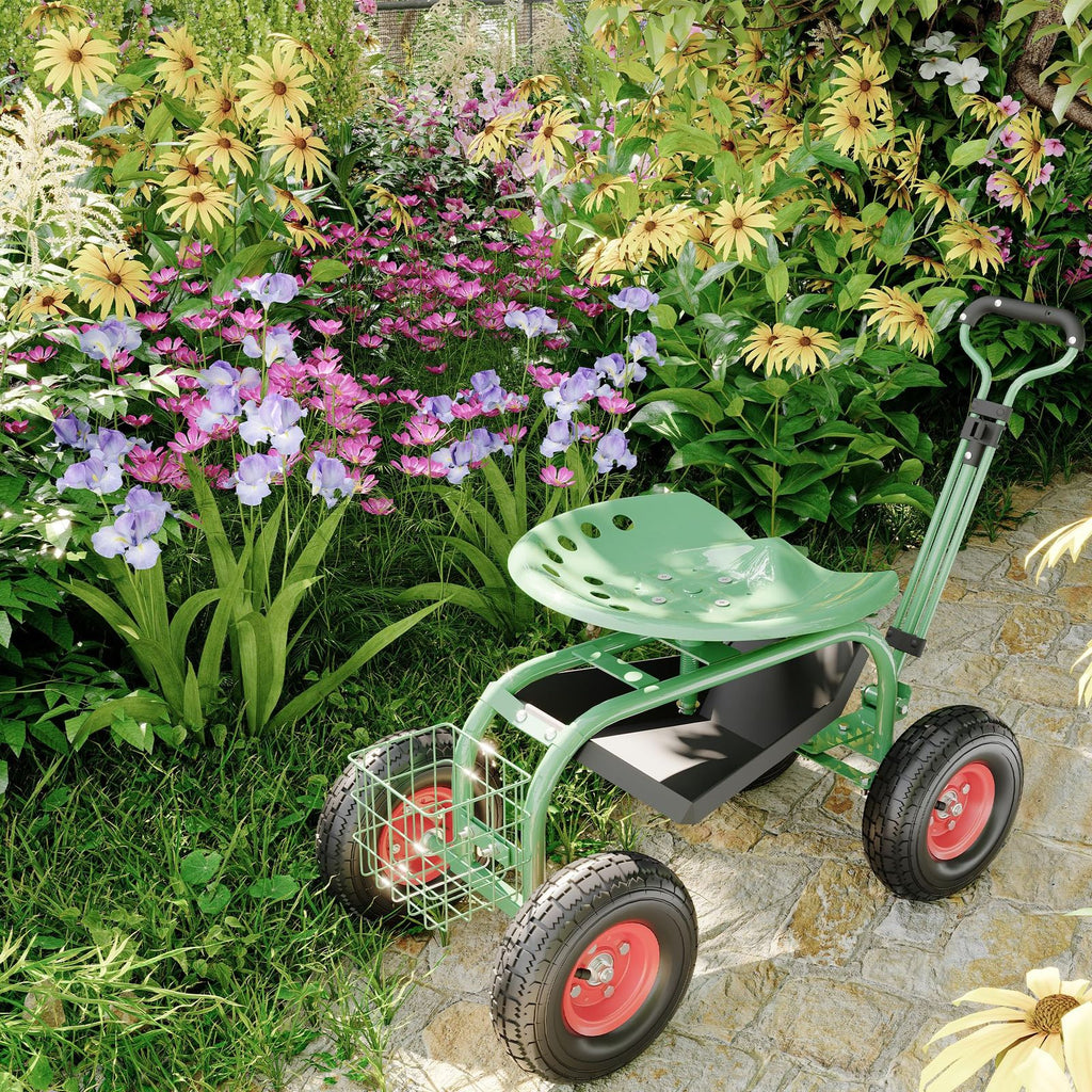 Heavy-Duty Rolling Garden Cart with 360-Degree Swivel Seat on Wheels, Adjustable Steering Handle, And Utility Tool Tray for Planting, Weeding, And Outdoor Gardening Tasks