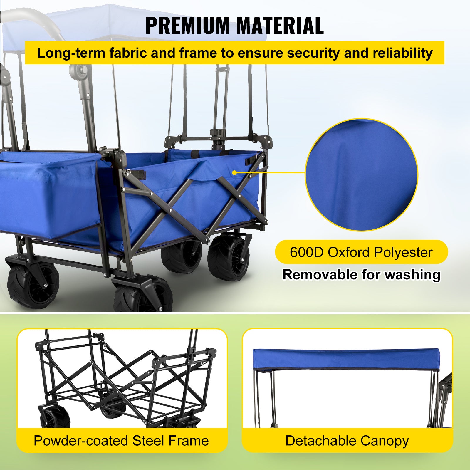 VEVOR Extra Large Collapsible Garden Cart with Removable Canopy, Folding Wagon Utility Carts with Wheels and Rear Storage, Wagon Cart for Garden, Camping, Grocery Cart, Shopping Cart