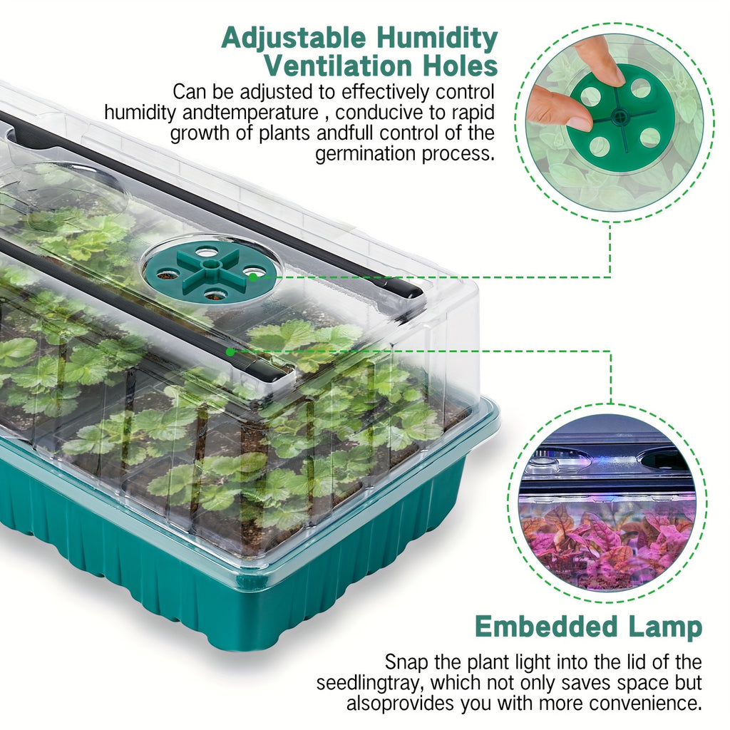 Seed Starter Trays with Grow Lights, 2pcs 72-Compartment Seedling Tray Kit, Plant Starter Kit with Humidity Regulator/Indoor Plant Starter Kit, Red, Blue, And White Spectrum Plant Lights, And Adjustable Brightness Plant Germination Trays.