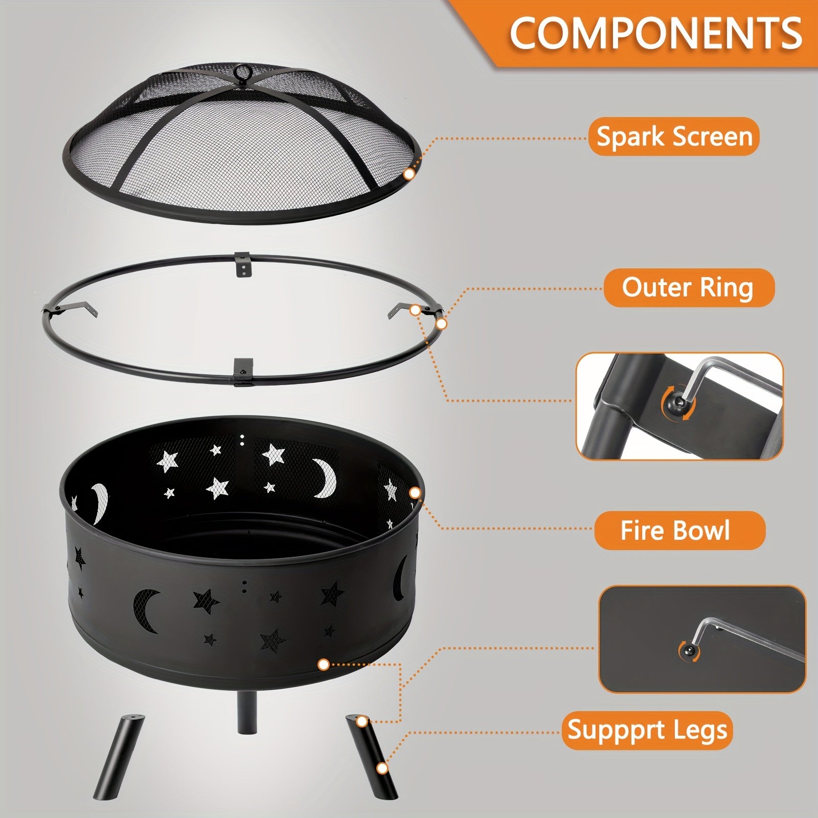 LEADZM 30in Round with Carrying Ring Mesh Lid Star And Moon Hole Wood Burning Fire Pit Iron Black