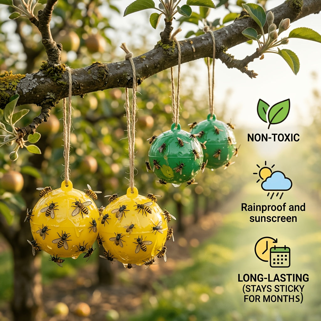 Yellow & Green 6-Pack Sticky Fruit Fly Traps For Garden, Large 8cm Dual-Color Heavy-Duty Insect Catcher Balls, Rainproof & Non-Toxic Physical Pest Control For Orchard & Veggies