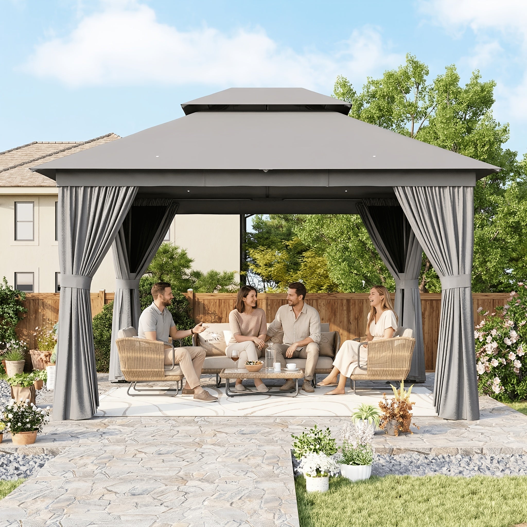 10'x12'/10'x10'/8'x8' Outdoor Gazebo & Pergola for Patio - Double Roof Steel Canopy with Mosquito Net And Privacy Screen, Heavy Duty Party Tent Shelter for Backyard, Lawn, Garden, All-Weather Gazebos with Patio Cover (Grey/Beige/Blue)