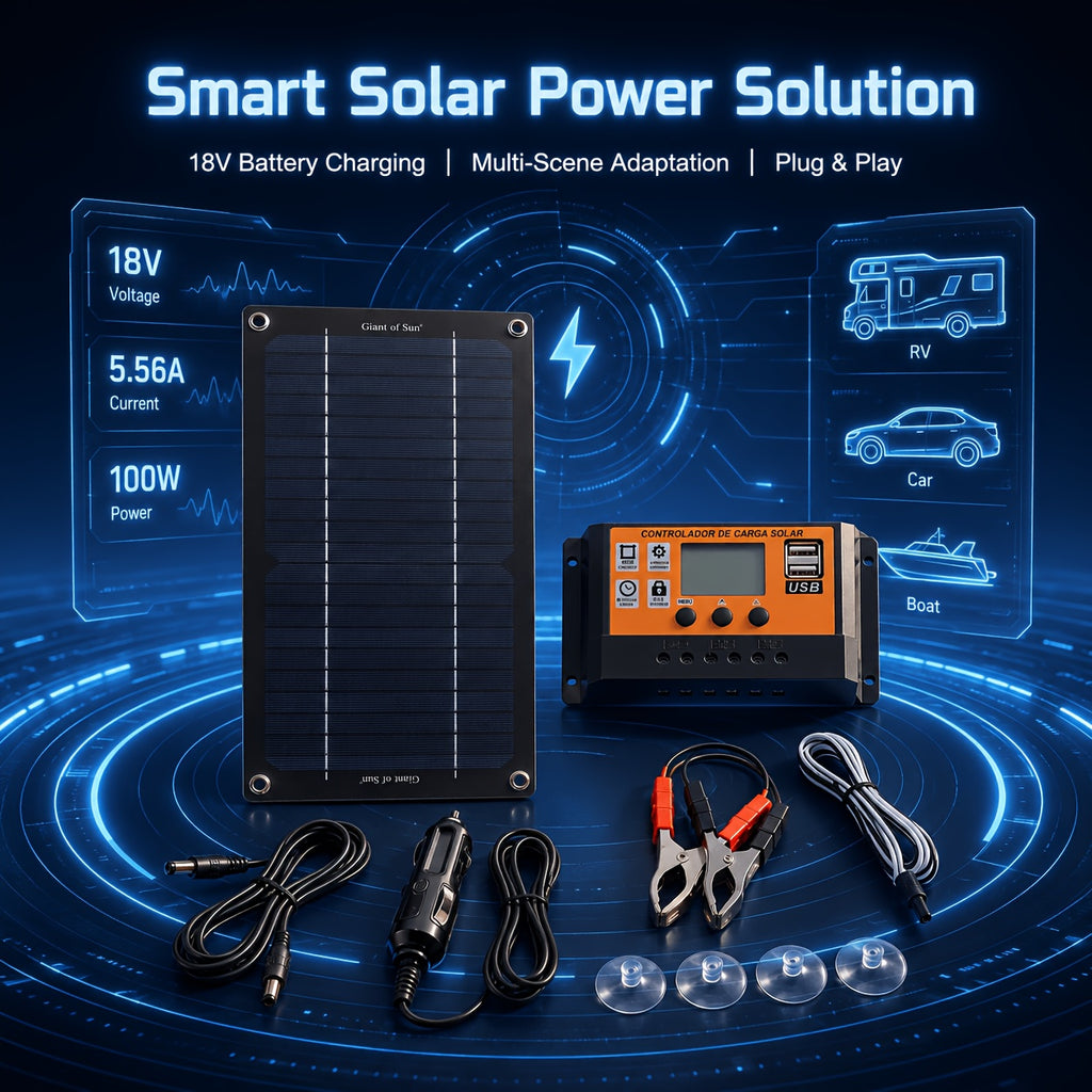 [Solar Panel Kit] Solar Panel Kit With 100A Charge Controller, Monocrystalline Silicon Solar Battery Charger With Extension Cable, Battery Clip, Suction Cups, 18V Solar Charger For RV, Camper, Van, Boat, Camping, Outdoor Travel, Farm, Garden, Emergency Po