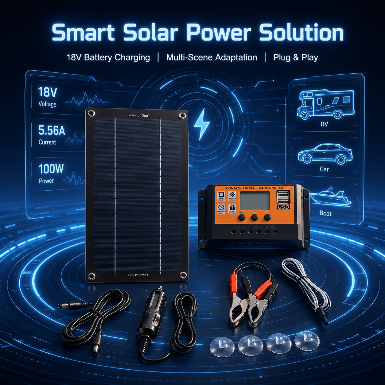 [Solar Panel Kit] Solar Panel Kit With 100A Charge Controller, Monocrystalline Silicon Solar Battery Charger With Extension Cable, Battery Clip, Suction Cups, 18V Solar Charger For RV, Camper, Van, Boat, Camping, Outdoor Travel, Farm, Garden, Emergency Po
