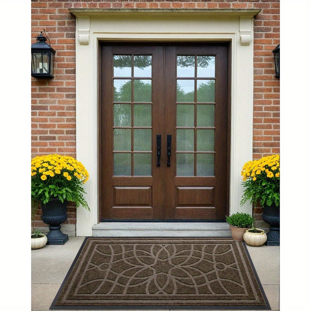 Outdoor Door Mat, Heavy Duty Non-Slip Entryway Mat, Low Profile Dirt Trapper Front Door Rug, Easy to Clean Indoor Outdoor Welcome Mat with Mandala Pattern, Brown