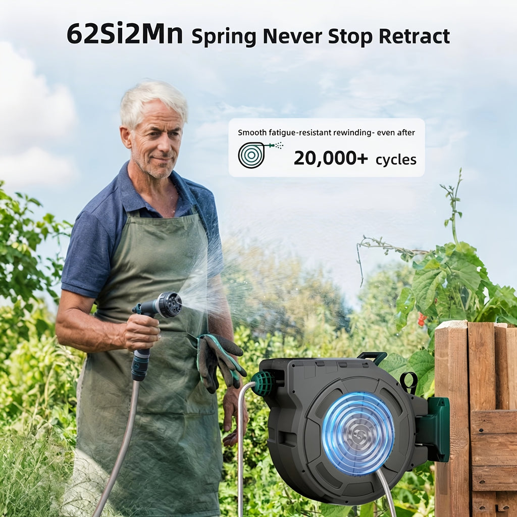 100' X 1/2" Retractable Garden Hose Reel, Outdoor Garden Hose Reel - Automatic Self-Retracting Wall Mount Hose Reel Enclosed Storage, Any Length Lock, 10 Nozzle Patterns - Blue