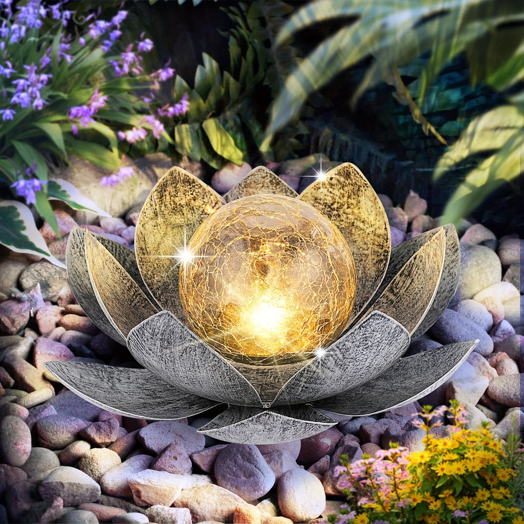 Outdoor Solar for Lotus Light, Black And White Solar Lights Garden Decoration, LED Beads with Cracked Glass Globes, Patio, Lawn, Steps Lights, Christmas Gift