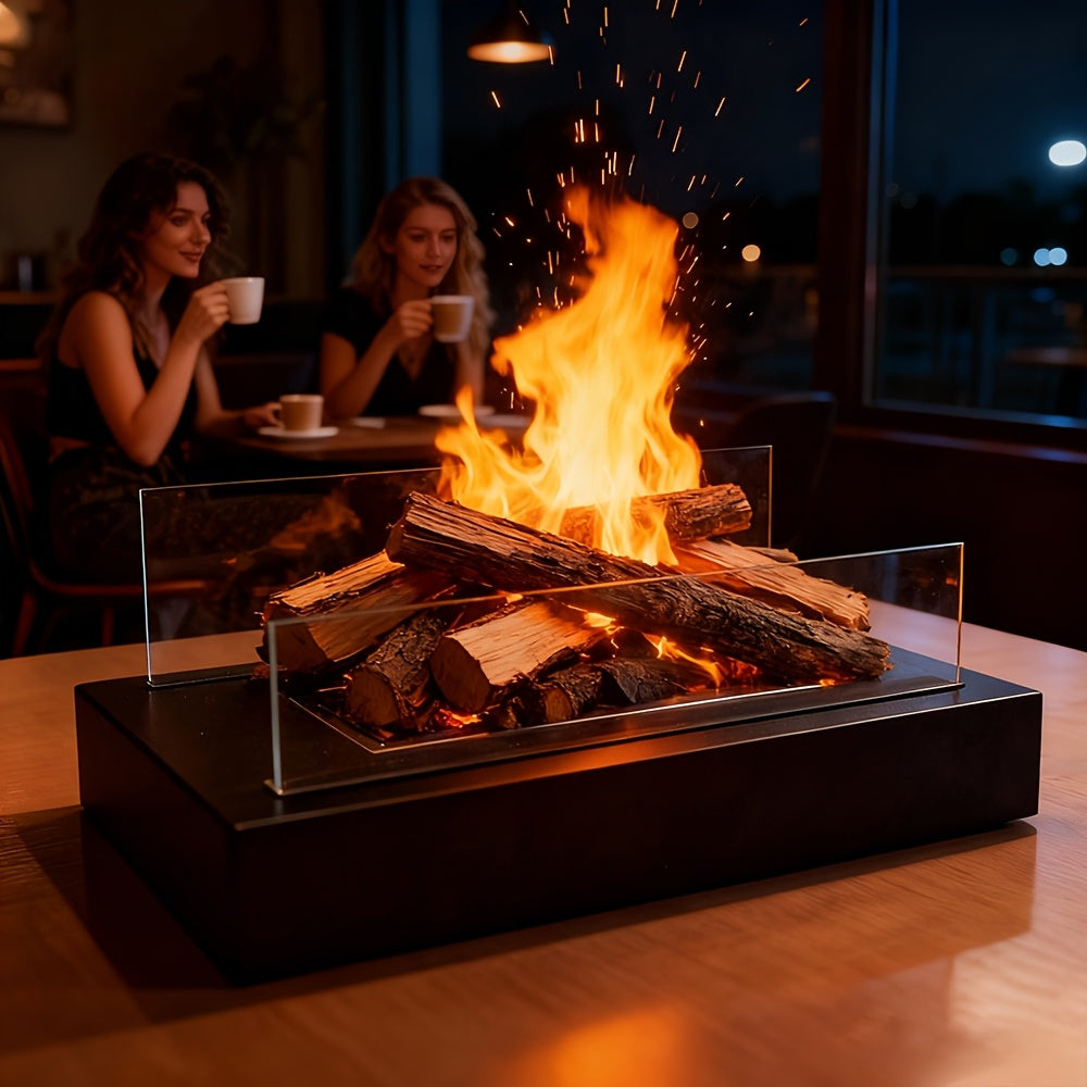 Wood Pellet Fire Pit, 15.16×8.66×4.53inch Firewood Pit with Glass Wind Guard, Portable Tabletop Smoke-Free for Patio, Backyard, Camping, Tailgating