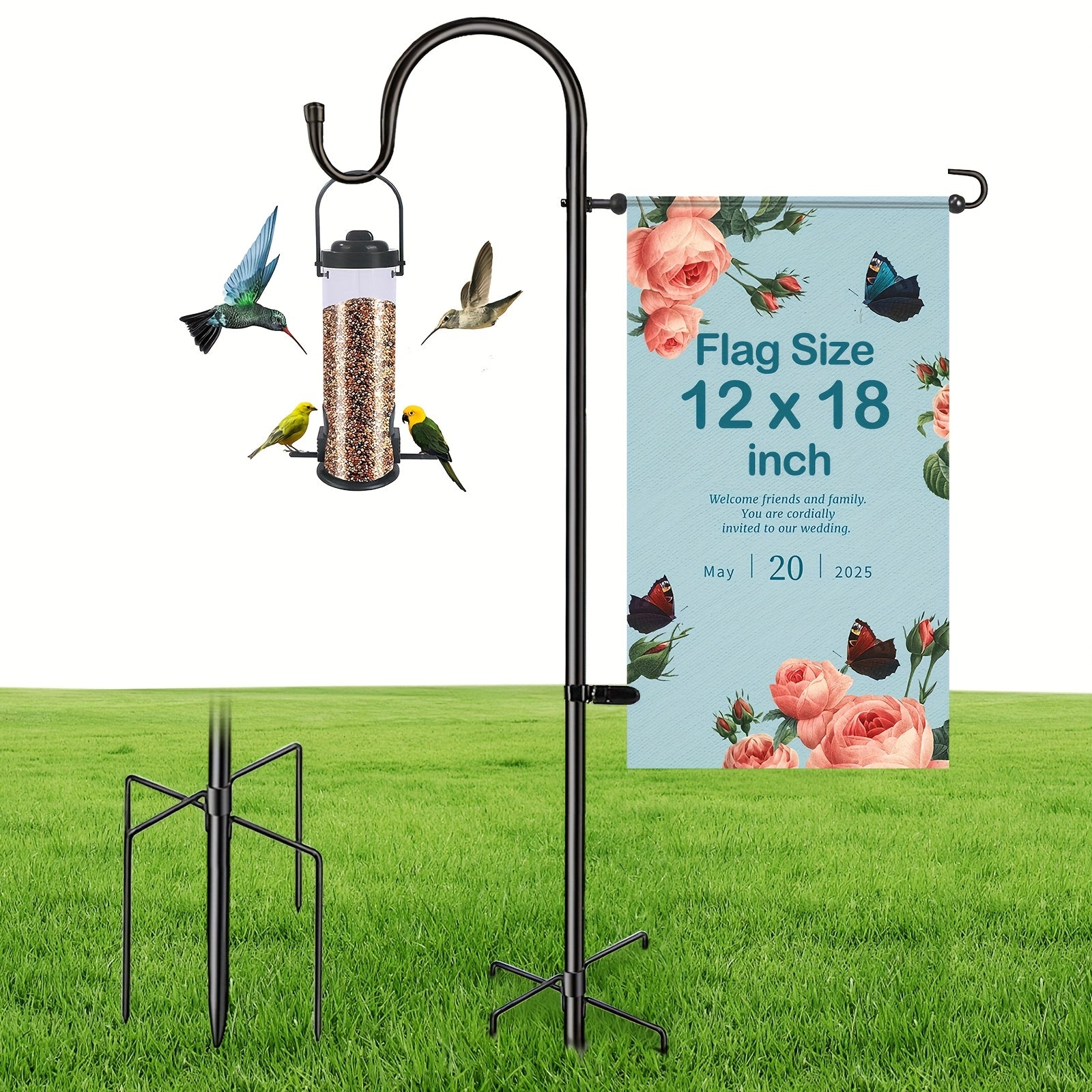 Fekyaeta Garden Flag Holder Stand And Shepherds Hooks, 47 Inch Height with 1/2 Inch Thick Metal Garden Flag Pole-Outdoor Lawn Yard Flag Holder Stake for Small Flag 12x18, Solar Lights-Mini Flag Holder