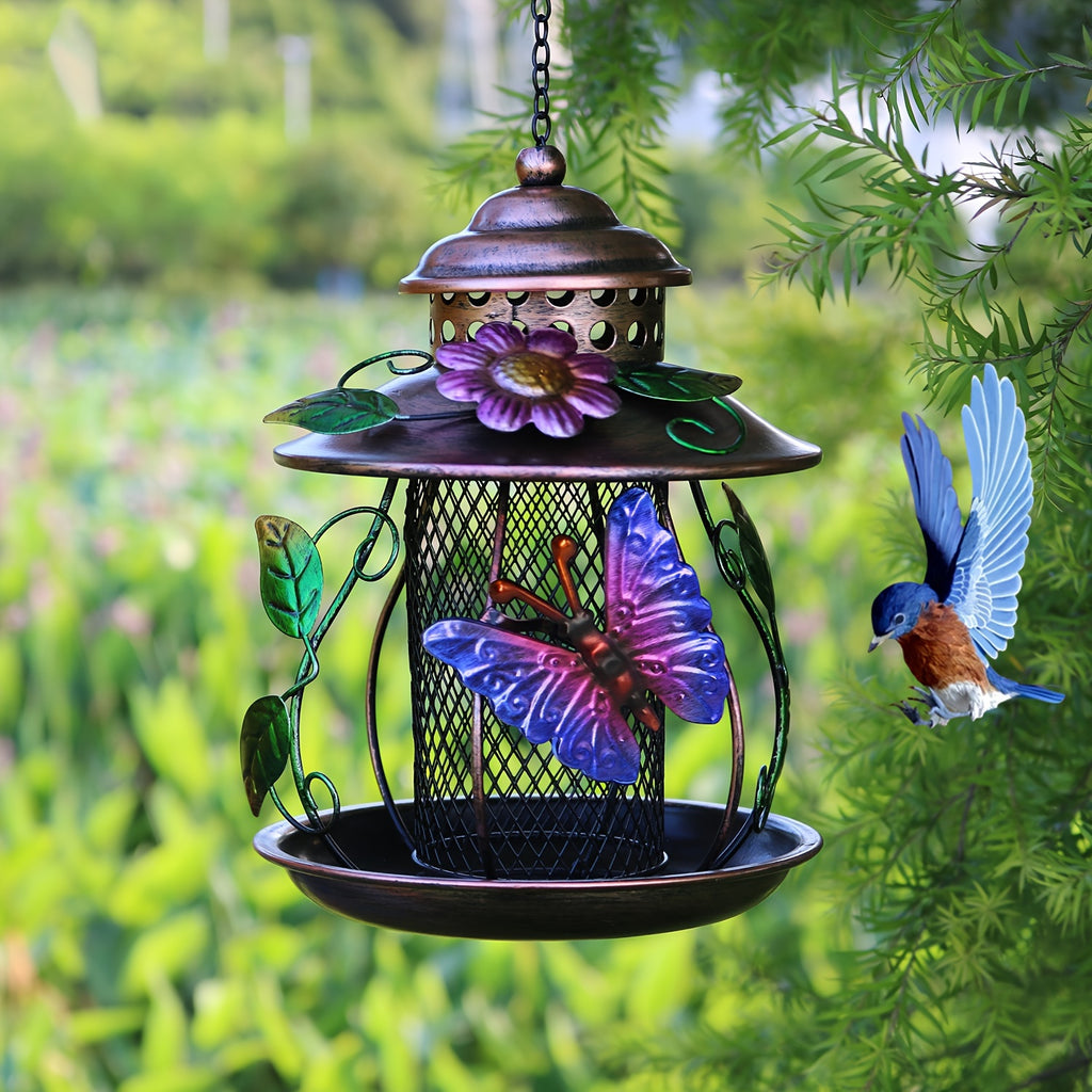 Budget-Friendly 1pc Elegant Metal Mesh Hanging Bird Feeder with Vibrant Dragonfly & Floral Accents, No Electricity Required, Ideal for Garden & Patio