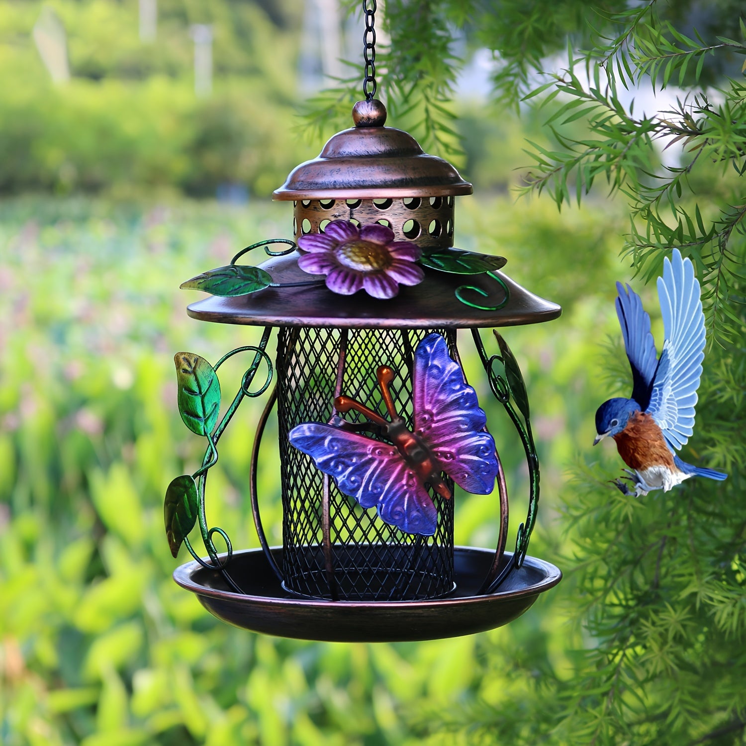 Budget-Friendly 1pc Elegant Metal Mesh Hanging Bird Feeder with Vibrant Dragonfly & Floral Accents, No Electricity Required, Ideal for Garden & Patio