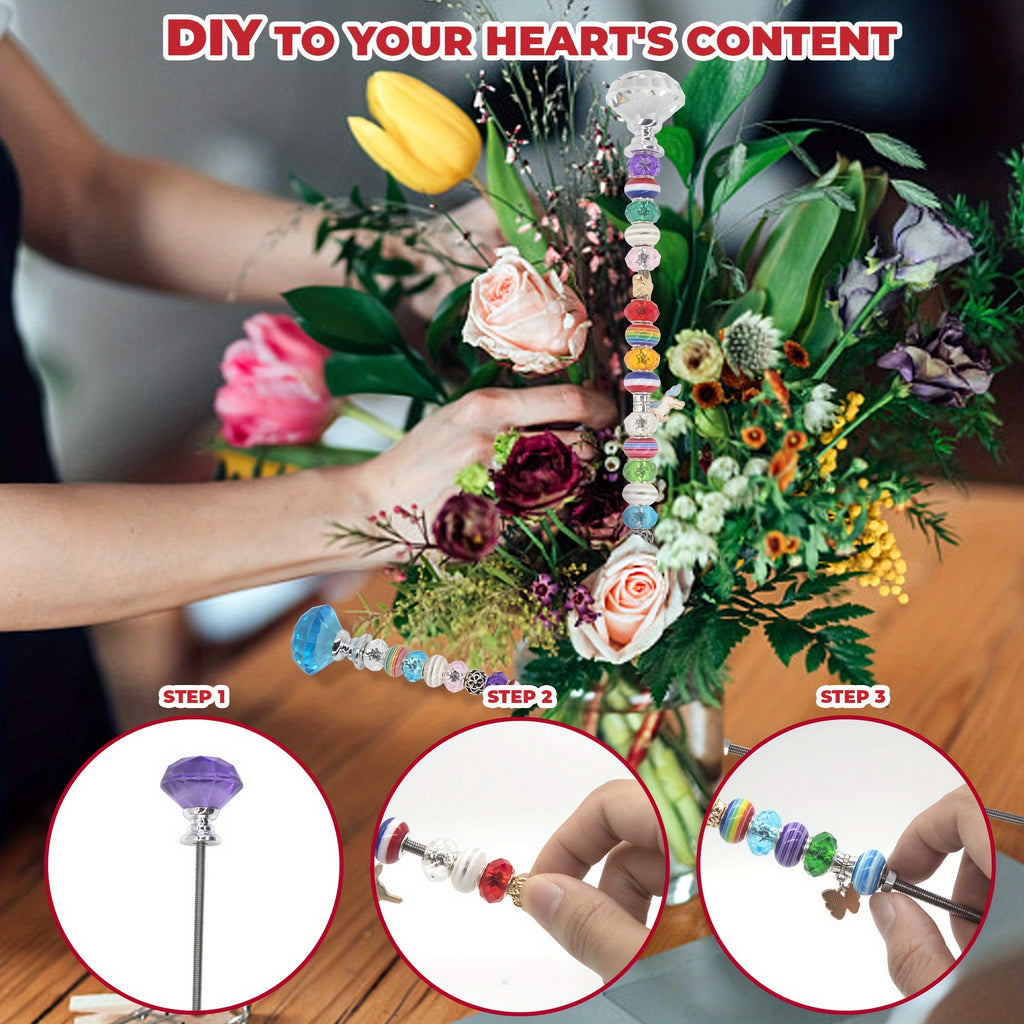 129pcs Garden Stakes Decorative Beaded Garden Stakes with Crystal Stopper Top Round Glass Bead Silver Bail Bead with Pendant Silver Bead for Outdoor Decoration