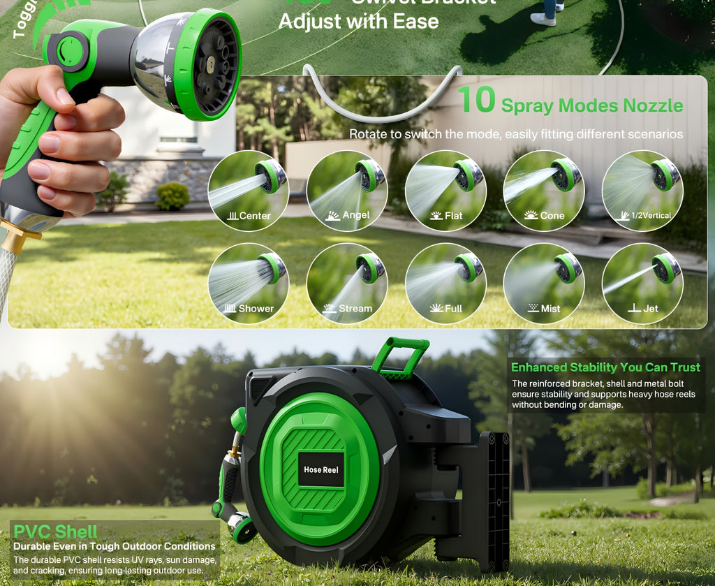 100ft/150ft Retractable Garden Hose Reel, Heavy-Duty Wall Mounted Water Hose with Any-Length Locking System, 10 Spray Modes Adjustable Nozzle, 180° Swivel Bracket, Auto Rewind for Gardening, Car Wash & Patio Cleaning.