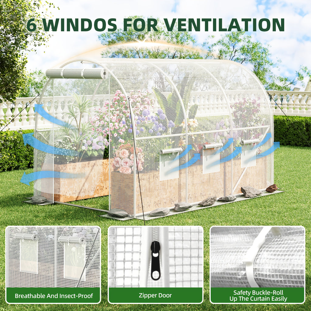 WHONLINE Walk-In Greenhouse for Outddors, Upgraded Green House with Dual Zippered Screen Doors & 6 Screen Windows, Heavy Duty Plastic Plant Warm House with Reinforced Frame (10X6.6X6.6 FT)