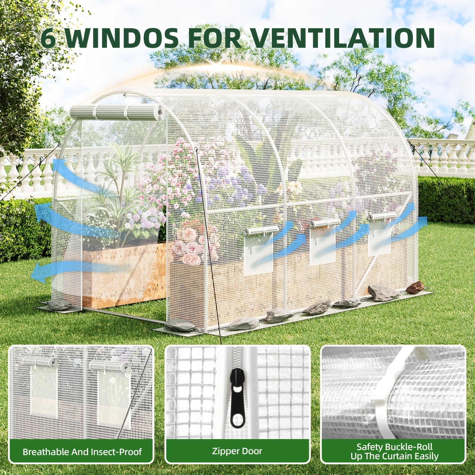 WHONLINE Walk-In Greenhouse for Outddors, Upgraded Green House with Dual Zippered Screen Doors & 6 Screen Windows, Heavy Duty Plastic Plant Warm House with Reinforced Frame (10X6.6X6.6 FT)