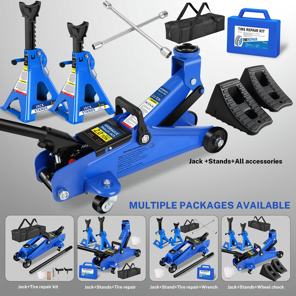 3.5T 2.5T 2T Optional Steel Floor Jack Quick Rise Piston Pump Low Profile, Hydraulic Trolley Car Jack with 2 Ratchet 3 Ton Jack Stands, Truck Jack Combo, Service Jack, Farm Jack Tire Repair