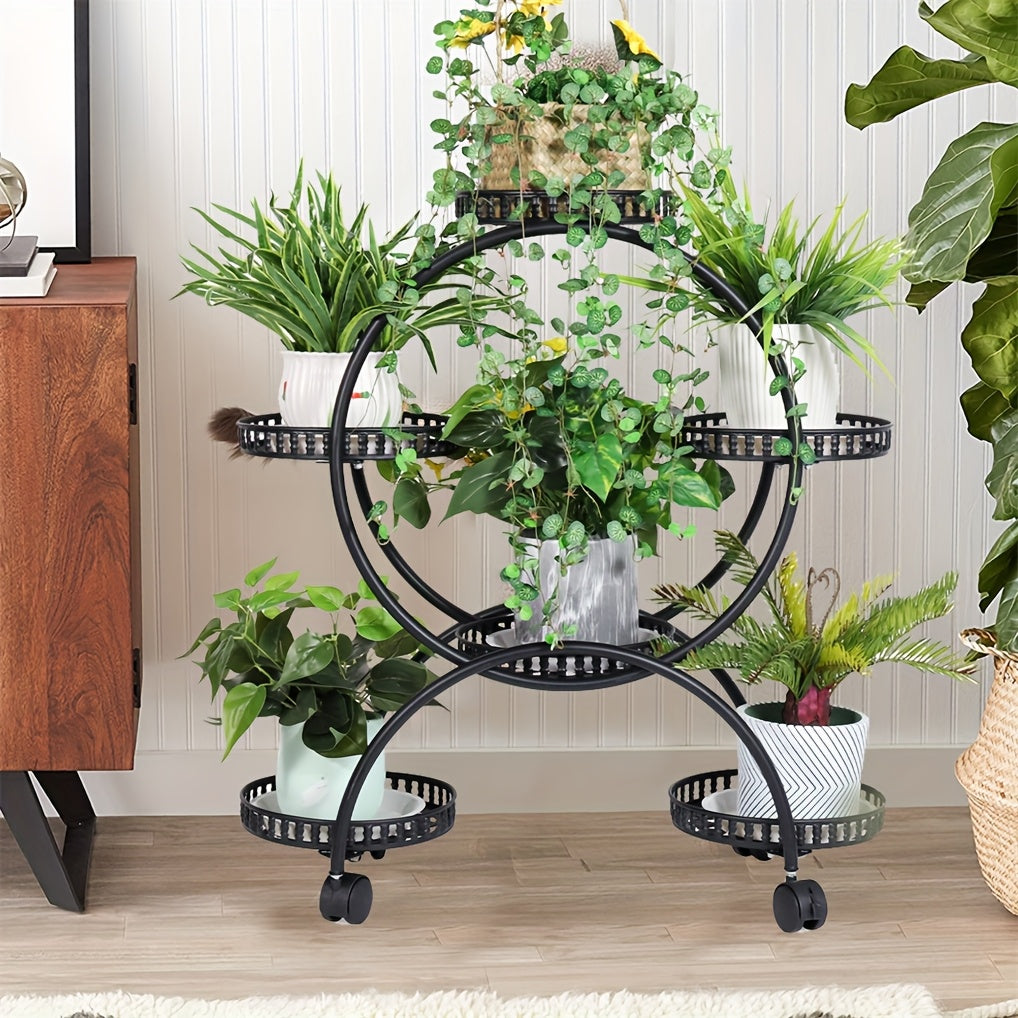 Six-Tiered Black Metal Plant Stand Garden Cart with Wheels for Displaying Flower Pots, Ideal for Home, Patio, Porch, And Balcony Decoration