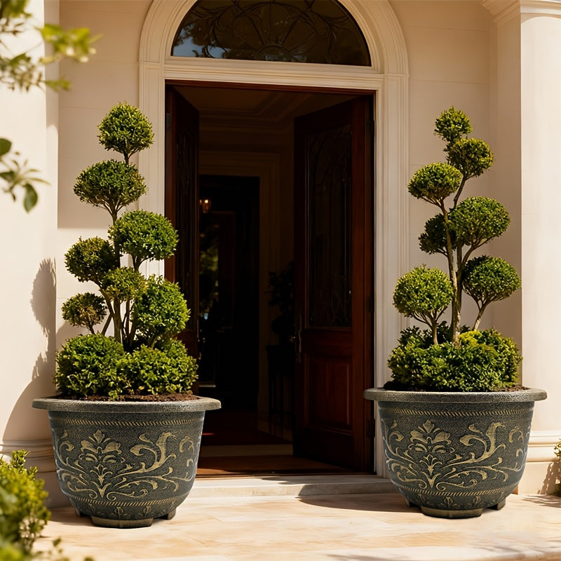Buy 1 Get 1 Free 16 Inch Heavyweight Resin Planter with Drainage Holes - Large Bronze European Bonsai & Succulent Pot, Ornate Round Indoor/Outdoor Garden Planters for Trees, Shrubs, Home Decor (Free Shipping, Durable Resin)