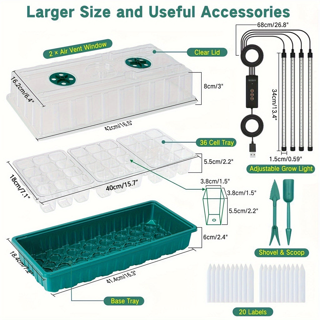 Seed Starter Trays with Grow Lights, 2pcs 72-Compartment Seedling Tray Kit, Plant Starter Kit with Humidity Regulator/Indoor Plant Starter Kit, Red, Blue, And White Spectrum Plant Lights, And Adjustable Brightness Plant Germination Trays.