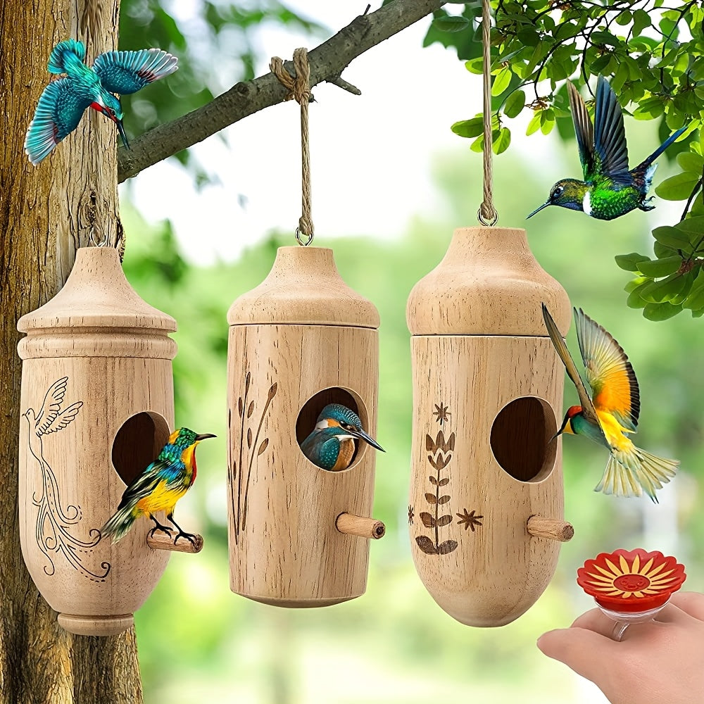 Set of 3 Wooden Hummingbird Houses for Outdoor Use, Perfect for Gardens And Windows, Includes a Bird Feeder, Ideal As a Gift for Bird Enthusiasts