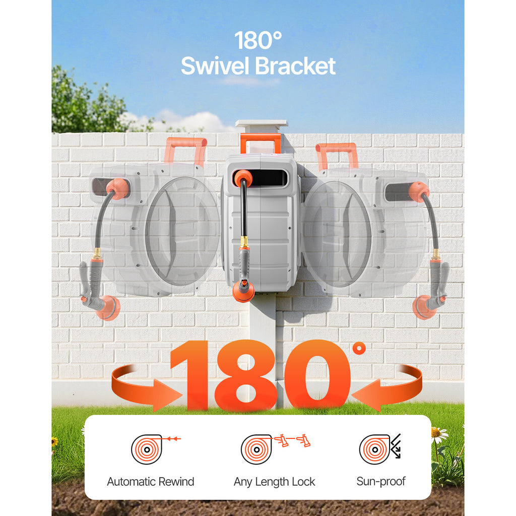 VEVOR Retractable Garden Hose Reel, 1/2 inch / 5/8 Inch x 65ft / 85ft / 100ft Wall Mounted, Heavy Duty with 9-Pattern Nozzle, Adjustable Length Lock, Upgraded Slow Return System & 180° Swivel Bracket