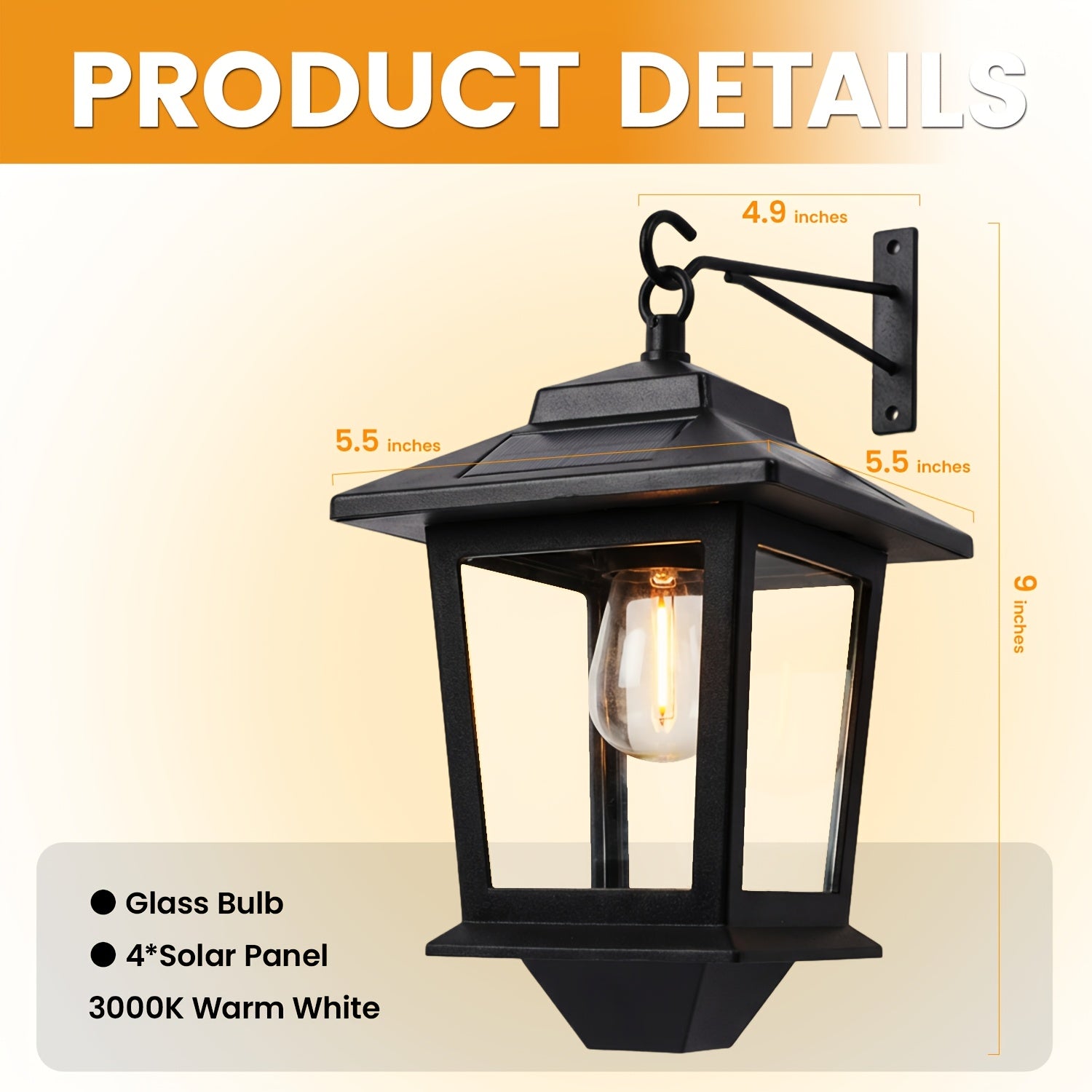 2 Pack Solar Wall Lanterns | Outdoor Hanging Solar Lights with 4 Solar Panels, Dusk to Dawn LED, Anti-Rust, 3000K Warm White, Metal Material