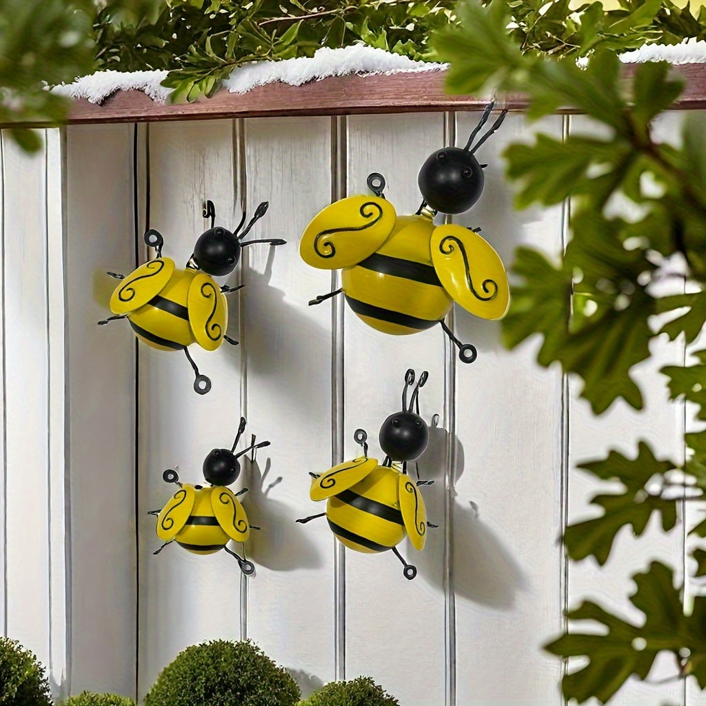 4pcs Cute Metal Bee Outdoor Decoration - Semi 3D Bee Outdoor Wall Hanging Art - Family Bee Decoration Garden, Courtyard, Fence, Terrace